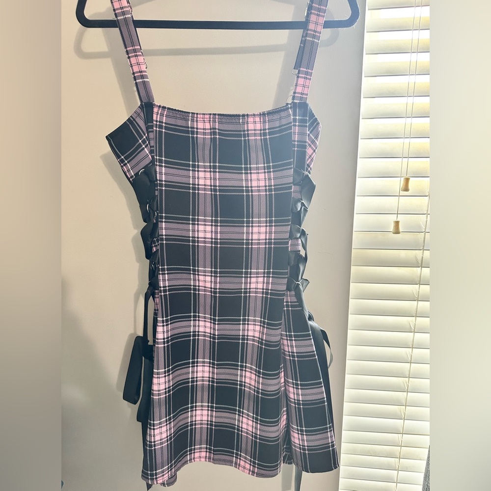Black and Pink Plaid Lace-Up Mini Dress - Picture 3 of 9